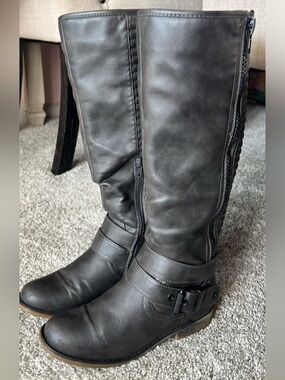 ALDO | Knee-High Charcoal Riding Boots with Buckle Accent | Gray | Size 7